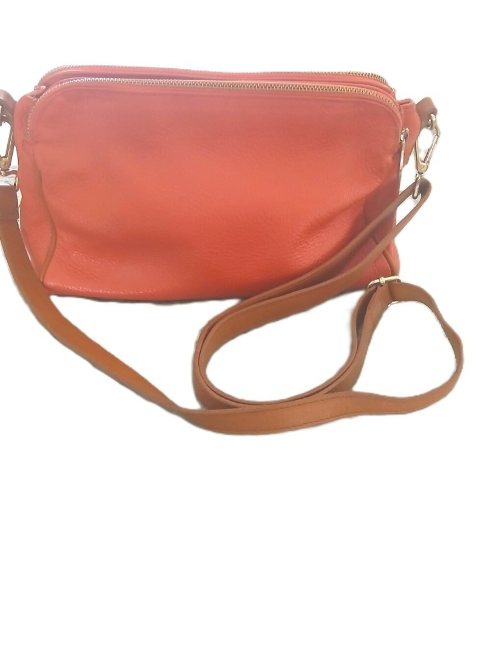 Valentina Italian Leather Handbag Coral Orange Tan Crossbody Satchel